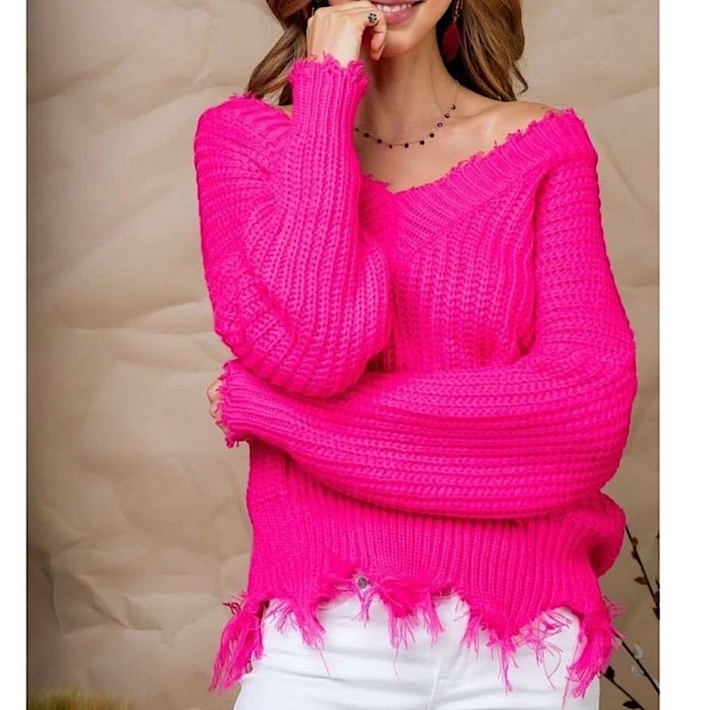 🍒BOGO50%🍒🆕🩷LA LA FACTORY: NEON PINK Distressed Trim V Neck Sweater S/M M/L